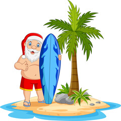Cartoon santa claus holding a surfboard in the tropical island