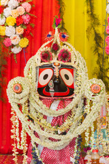 Idol of Hindu God Jagannath. Lord Jagannath is being worshipped with garlands for Rath jatra...