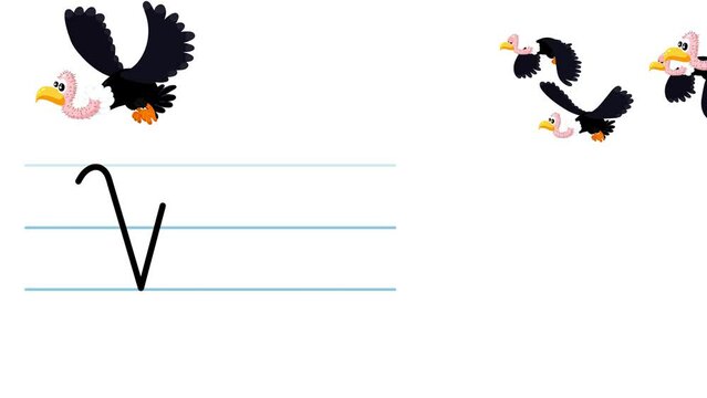 V letter writing like vulture cartoon animation. A compatibile part of the alphabet serie. Handwriting educational style for children. Good for education movies, presentation, learning alphabet, etc..