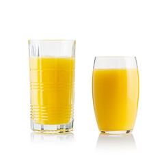 Collection of orange juice in different glasses . eparate clipping paths for each glass. Set of glasses with tropical orange juice