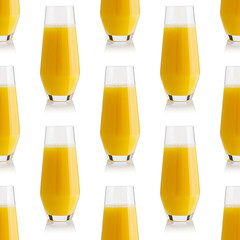 Seamless pattern of orange juice glass. Fresh orange juice, mango or pineapple in a glass repeat seamless pattern on white background.