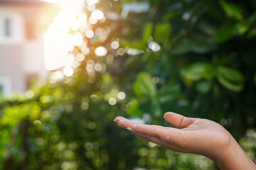 Technology, hand holding with environment Icons over the Network connection on green background.