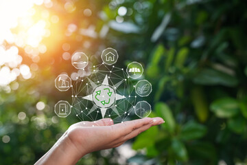 Technology, hand holding with environment Icons over the Network connection on green background