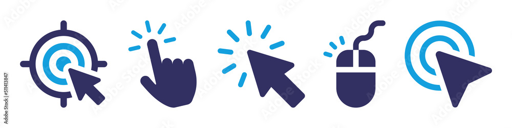 Poster Click icon vector set. Cursor pointer clicking symbol collection. Press, touch and tap with finger sign illustration.