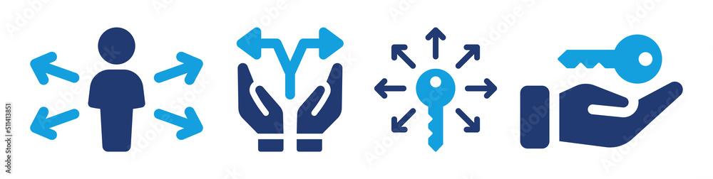 Poster Decision and opportunity icon vector set with key symbol and arrow illustration.