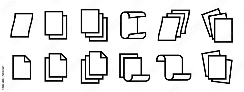 Poster Blank paper page icon vector set. Collection of empty document outline symbol illustration.