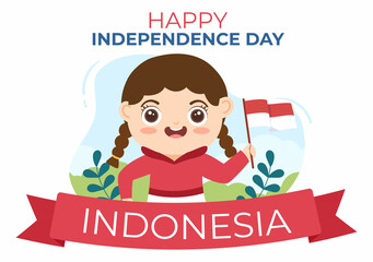 Indonesia Independence Day on August 17th with Traditional Games, Flag Red White and People Character in Flat Cute Cartoon Background Illustration