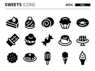 スイーツに関連する塗りつぶしスタイルのアイコンセット_054