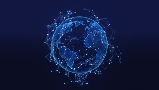 Tech earth globalization in 3d animation. Global Business dots on rotating planet.