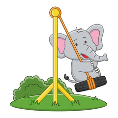 Cartoon illustration of a cute elephant playing on a swing