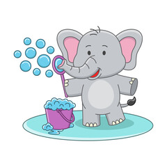 Cartoon illustration of a cute elephant playing with a soap bubble toy