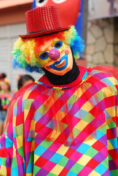 Clown costume at the traditional carnival in the city of Maragogipe Bahia, Brazil on February 13, 2018. Carnival inspired by the city of Venice, Italy.