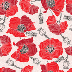 Abstract seamless background print of scarlet red poppy flowers. Vector illustration. Surface pattern design, perfect for textiles, wallpaper, office supplies, packaging, home and garden decoration
