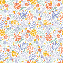 Floral seamless pattern with wild plants in doodle style. Summer floral background.