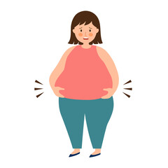 Fat woman looking and touching her belly  in flat design on white background. Overweight lady worrying about her body shape.