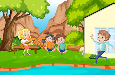 Backyard background with cartoon kids