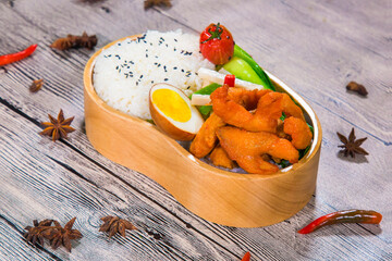 A rice set and a drink on a plate