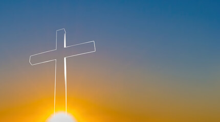 Transparent Christian cross over blue and yellow sunset background