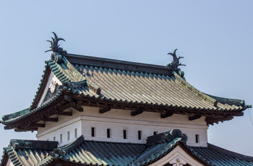 Naklejka premium Close up the roof of Hirosaki Castle Tower in Hirosaki Park,Aomori,Tohoku,Japan.