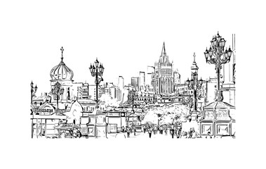 Building view with landmark of Moscow is the 
capital of Russia. Hand drawn sketch illustration in vector.