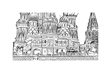 Building view with landmark of Moscow is the 
capital of Russia. Hand drawn sketch illustration in vector.