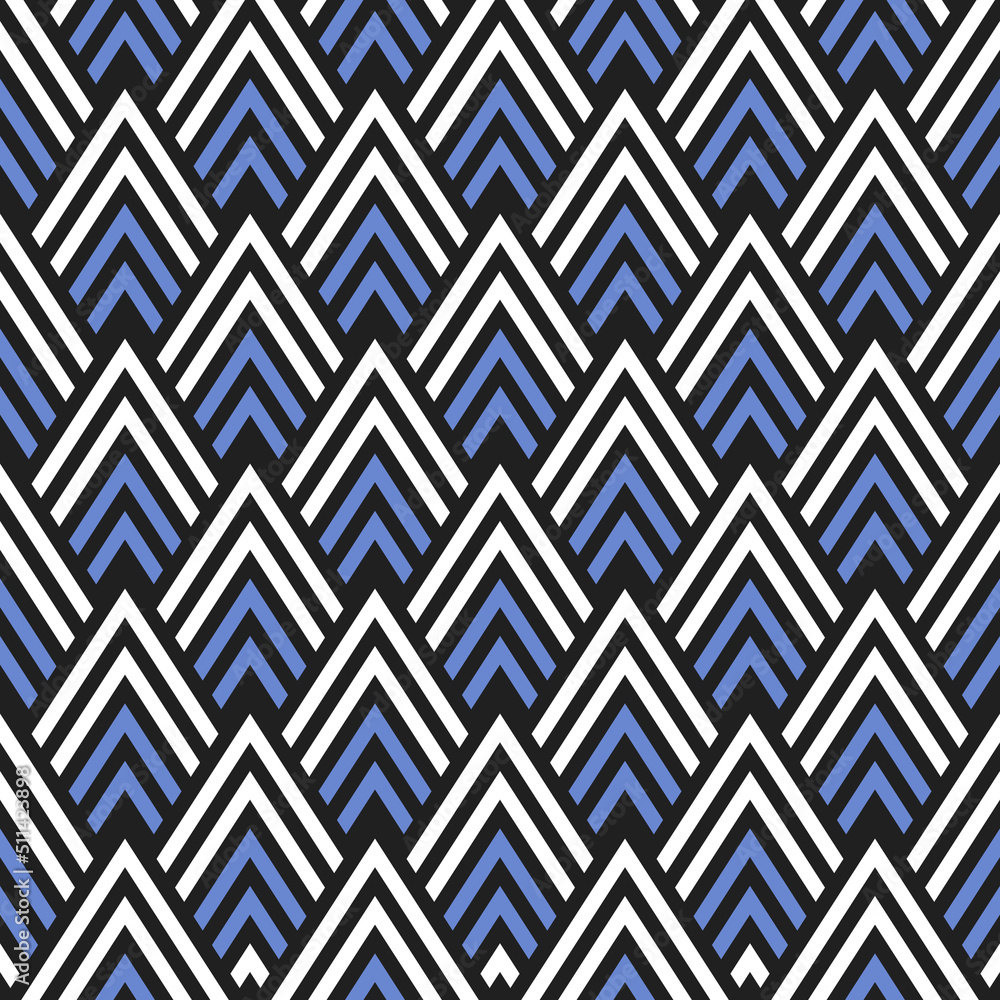 Poster Blue mountains-chevrons. Triangle print in blue black. Seamless and simple pattern for design and home.
