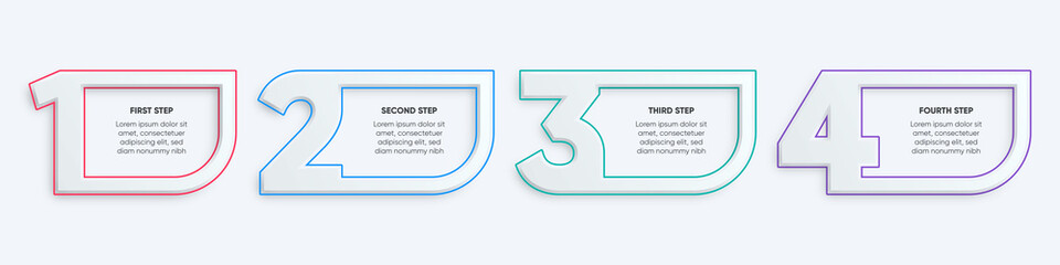 Infographic design with big number of steps. 4 steps design with shadow and outline. Future and modern infographic design. Red, blue, teal, and purple steps design.