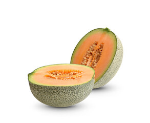Cantaloupe melon half slices on white background.