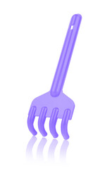 Purple plastic rake isolated on a white background, with reflection, close-up. Children's toys for playing in the sandbox. Games for early child development