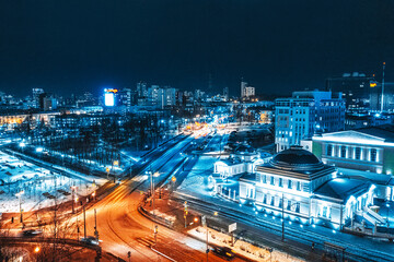 Fototapeta na wymiar Top view of a historic building with night illumination in the center of Yekaterinburg. Russia