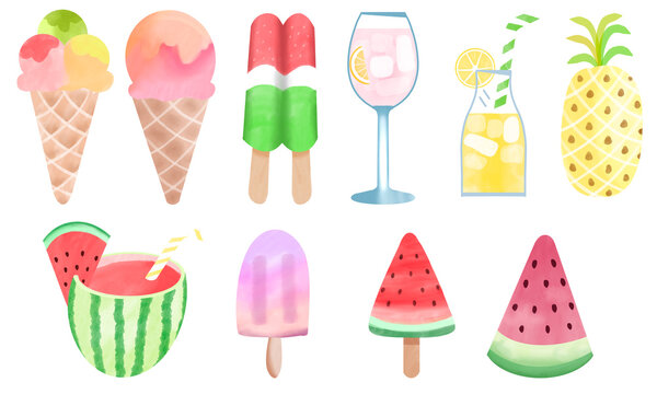 Summer Food Tropical Fruit Drink Ice Crean Cocktails Refreshment colorful hand painted illustration