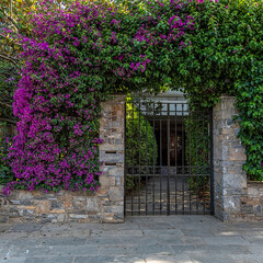 A barred iron door with stone pilasters and a lush bougainvillea with violet flowers. A beautiful...