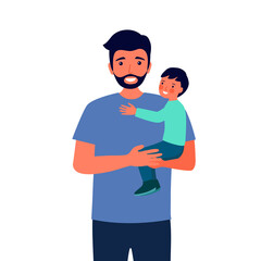 Father carrying his son in flat design on white background. Dad child concept vector illustration.