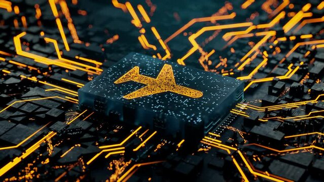 Flight Technology Concept with airplane symbol on a Microchip. Orange Neon Data flows from the CPU across a Futuristic Motherboard. Seamless Loop.