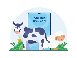 Online Qurban to celebrate Eid al-Adha Vector Flat Illustration.
Qurban with online modern Mobile application.
Suitable for landing page, web, social media, infographic, etc