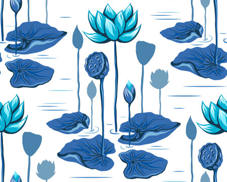 Seamless vector texture with lotus flowers, leaves and lake. Botanical pattern with blue hand-drawn water lilies on stems in a pond