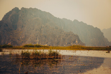 Beautiful sunset on lake background and scenery landscape