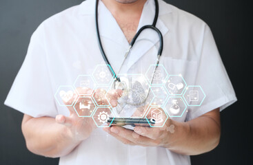 Doctor is holding virtual lungs in his hands. Handdrawn human organ, Healthcare hospital service...