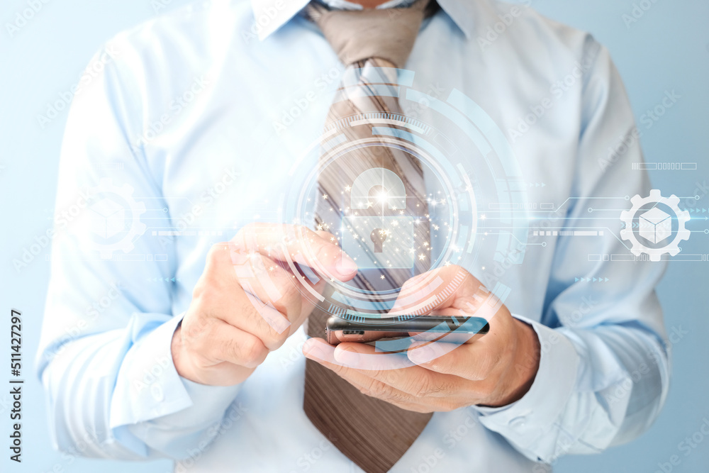 Aufkleber businessman holds a padlock that protects company and information data via a virtual network connect