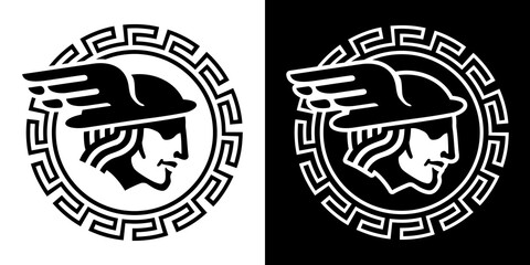 Hermes - mythic God of commerce and good luck, the protector of travelers and merchants. Stylized vector illustration with traditional Greek ornamental border. Isolated on white and black backgrounds.
