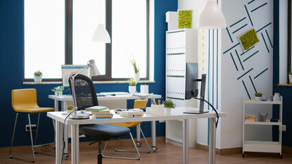No people in professional business office with e commerce data on computer, used by people to plan...
