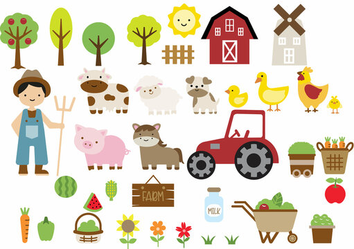 Farm animals set cartoon hand drawn style,cow,horse,pig,sheep,duck,vector illustration	