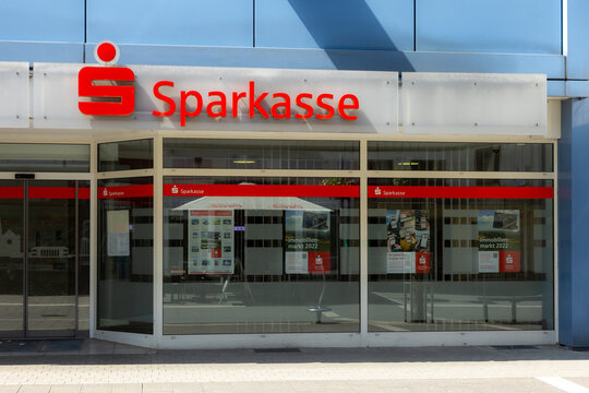 Neuwied, Germany - June 12, 2022: facade and showcase of the German thrift "Sparkasse" with the lettering and the logo