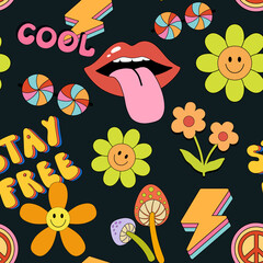 Psychedelic trippy seamless pattern. Mushroom, lips and smiling daisy on dark background, Vector cartoon endless design. Hippie background
