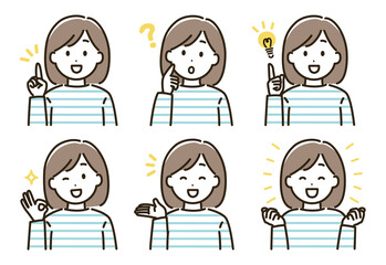 女性の表情バリエーションのイラストセット（肌色なしバージョン）