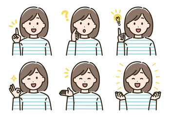 女性の表情バリエーションのイラストセット（肌色ありバージョン）