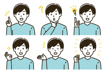 男性の表情バリエーションのイラストセット（肌色なしバージョン）