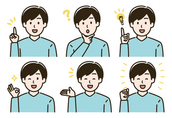 男性の表情バリエーションのイラストセット（肌色ありバージョン）