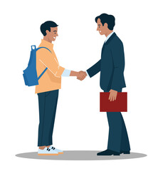 Business people. Recruitment agency. Recruitment. The guy and the man greet each other with a handshake. Office staff, worker, student, schoolboy. Vector image.