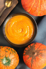 Pumpkin soup puree mashed top view. Vegetable caviar. The concept of healthy eating and vegan food